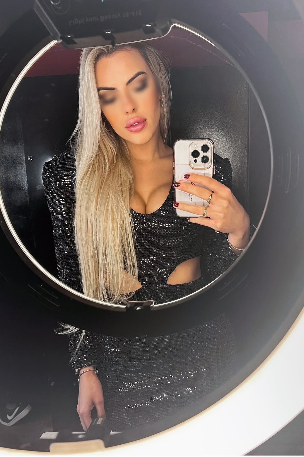 Sofia Ferrari — black sequin outfit, mirror selfie